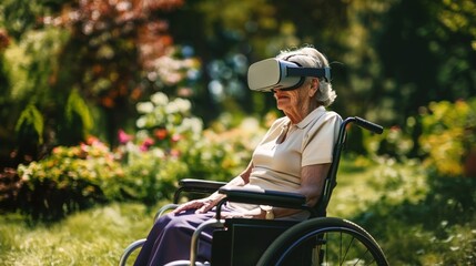 Elderly woman in a wheelchair using a VR headset outdoors in a garden setting.
