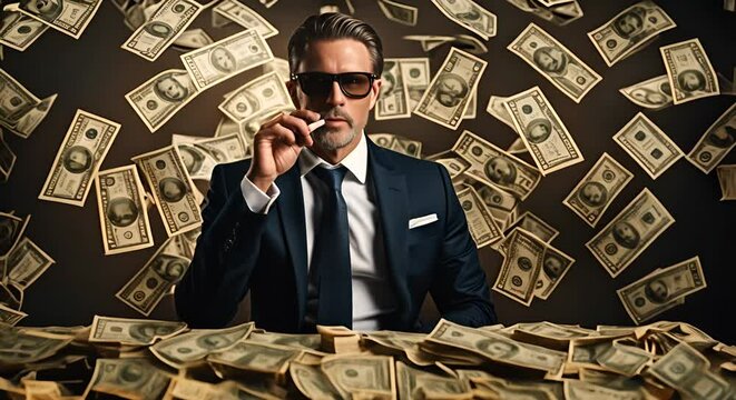 Rich man with bills and cigars.
