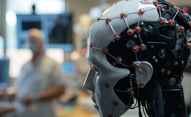 Fototapeta premium A close-up of a humanoid robot head with connected sensors in a laboratory, with a blurred scientist in the background.