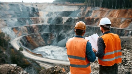 Two engineers wearing safety helmets and vests inspect a large open-pit mine, reviewing documents on site.