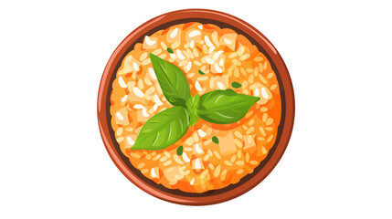 Top view of a bowl of delicious risotto garnished with fresh basil leaves, highlighting the vibrant colors and textures of the dish.on transparent background