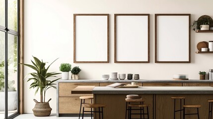 Fototapeta premium Modern kitchen interior with wooden furniture, bar stools, potted plants, and three blank frames on the wall. Minimalistic and airy design.