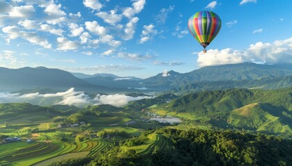 Fototapeta premium Enchanting Views: Hot Air Balloon Soars Over Colorful Panoramic Landscape of Cingjing Farm, Taiwan