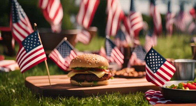 BBQ in the garden with USA flags.