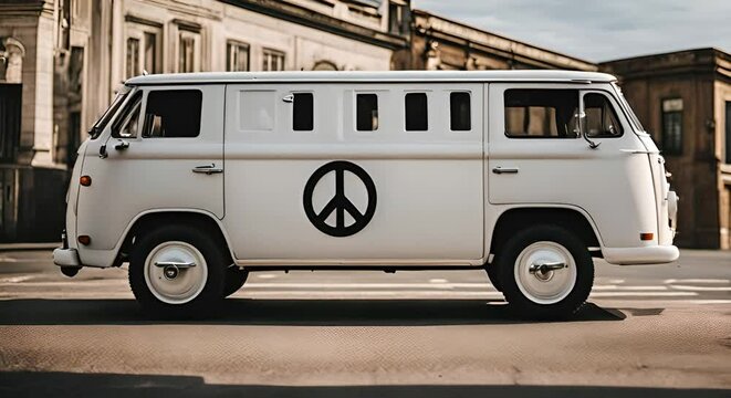 Camper van with peace sign.