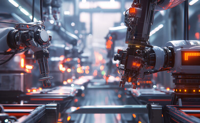 Robotic arms equipped with advanced technology work on an automated assembly line in a high-tech industrial setting, illuminated by red and orange lights.