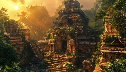 Produce a stunning, photorealistic image of a frontal view archaeological site at sunset, highlighting intricate carved ruins and lush vegetation
