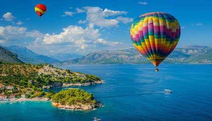 Fototapeta premium Vibrant Hot Air Balloon Soars Above the Azure Sea