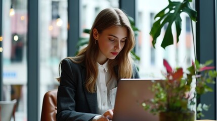Fototapeta premium Young professional woman working on a laptop in a modern office with large windows and plants.