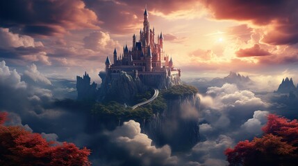 A 3D art piece of a fantasy castle perched on a cliff, surrounded by clouds and a setting sun  - Powered by Adobe