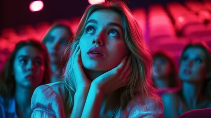 Naklejka premium A group of young women in a dimly lit theater, illuminated by vibrant blue and pink lights, looking upwards with expressions of awe and wonder.