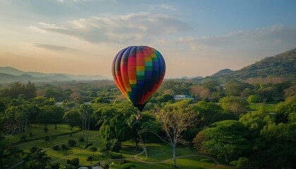 Naklejka premium Riding high: Exploring Thailand's natural beauty in a colorful hot air balloon