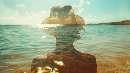 Double exposure of a calm, smiling young man in beach hat sitting on sea coast and a beautiful empty sand, back view, close up. Transparent young man sitting on the beach in straw hat.