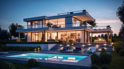 Fototapeta premium luxury villa illuminated in the evening