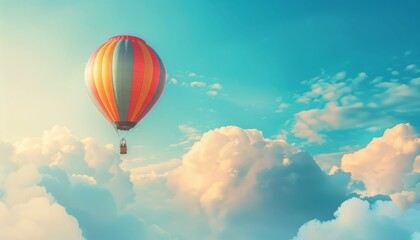 Fototapeta premium Up, Up and Away: A Vibrant Hot Air Balloon Soaring Through the Sky