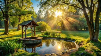 of a peaceful well in a tranquil landscape with morning light filtering through trees, hope, eternal life, Jesus, Samaritan woman, well, water, belief, faith, salvation, religion