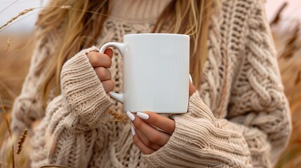 Close up of female hands with a mug of beverage. Beautiful girl in beige cable knit sweater holding cup of tea or coffee in the morning sunlight. Mug for your design. Empty.