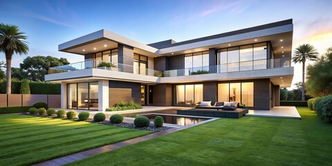 Luxury modern villa facade overlooking a spacious green lawn