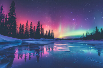 Fototapeta premium Scenic Northern Lights Over Snowy Landscape with Frozen Lake Reflecting Colorful Lights and Pine Trees Silhouettes