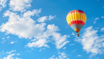 Fototapeta premium Vibrant Hot Air Balloon Soaring Through Blue Skies - AR 7:4