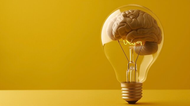 A brain model inside a light bulb symbolizing creativity, innovation, and thinking, set against a yellow background.