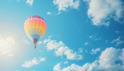 Naklejka premium Vibrant Hot Air Balloon Soaring Through the Blue Sky at AR 7:4