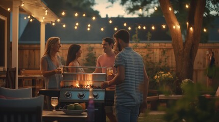 Naklejka premium A group of people are gathered around a grill, enjoying a summer evening