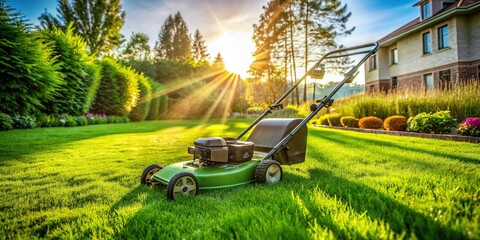Freshly mowed green lawn by a contemporary lawn mower under the sun