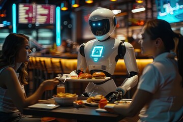 Fast food restaurant, a robot is serving food to customers, digital menu screens in background.
