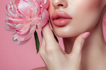 A beautiful woman with perfect lips and a pink peony in her hand, a close-up of the skin in the style of a care concept, a portrait of a beauty, in the style of beauty fashion
