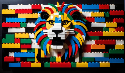 black background an abstract minimalist artwork features hundreds of colourful Lego bricks that create the silhouette and contours to look like a lion cub