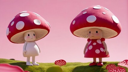 animated character mushroom girl and mushroom child in the park, red spots and wears a dress pattern pink