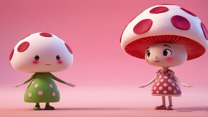 two little animated character mushroom children, red spots and wears a dress pattern pink