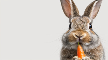 Obraz premium A curious rabbit with an inquisitive expression closely examining a carrot on a solid white background, placed in the corner of the banner. 4K,