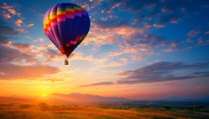 Obraz premium Vibrant Sunrise Voyage: A Colorful Hot Air Balloon Adventure