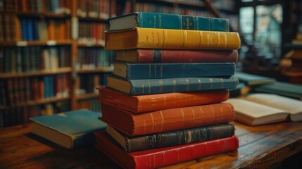 Fototapeta premium A stack of multicolored vintage books on a wooden table in an old library with bookshelves filled with books in the background.