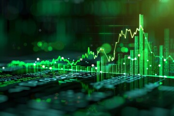 A vibrant green financial chart with glowing lines and bar graphs, highlighting stock market data and analysis on a digital screen.