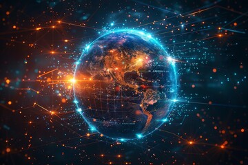 Obraz premium A vibrant, digital depiction of Earth glowing with data streams and technological connections, symbolizing global communication and network interconnectivity.