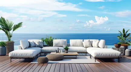 Un grand canapé d'extérieur avec des coussins sur la terrasse en bois d'une villa moderne surplombant l'océan.