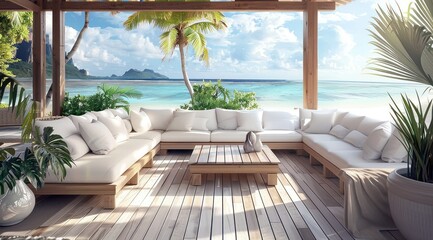 Fototapeta premium Un grand canapé d'extérieur avec des coussins sur la terrasse en bois d'une villa moderne surplombant l'océan.