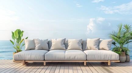 Un grand canapé d'extérieur avec des coussins sur la terrasse en bois d'une maison moderne surplombant l'océan.