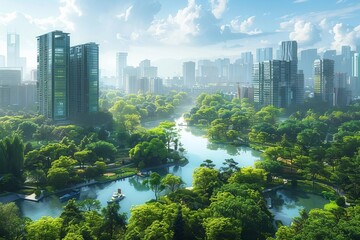 Vibrant cityscape with lush green park in the foreground, Futuristic, Green and Blue, HighResolution