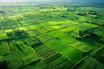 Fototapeta premium Aerial view of green agricultural fields in a patchwork pattern, Nature, Green Tones, HighResolution