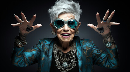 Femme senior excentrique, souriante, aux cheveux gris, les mains levées, avec des tatouages, portant des lunettes de soleil, fond isolé noir.