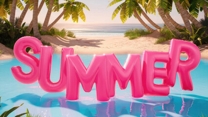 Summer background scene with pink letter and beach or water behind.