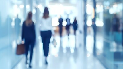 Naklejka premium Blurred image of people walking in a bright, modern office corridor or hallway, creating a sense of motion and busy environment.