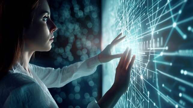 Profile of a woman interacting with a glowing digital interface, immersed in futuristic technology.