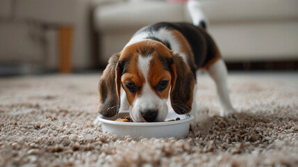 A Beagle puppy savoring its meal from a white dish on a soft carpet