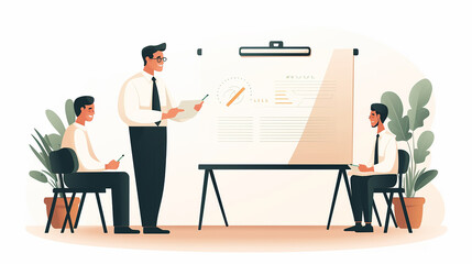 Fototapeta premium Dynamic Business Presentation: Businessman Pitching Ideas to Team in Vector Illustration.
