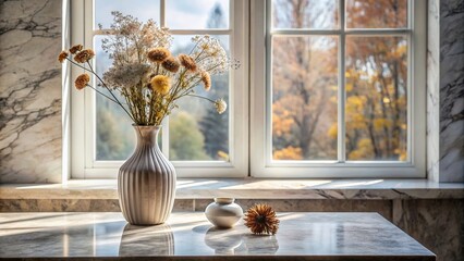 A serene still life scene featuring an empty marble table with a vase of dry flowers on a windowsill in the background and a vase of flowers on the table, marble, table, vase, dry flowers